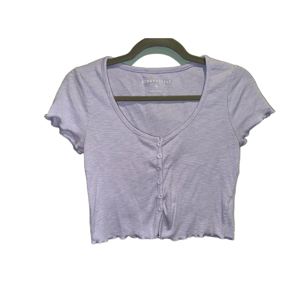 Aeropostale Crop Top Womens Size M Lavender Short Sleeve Button Front